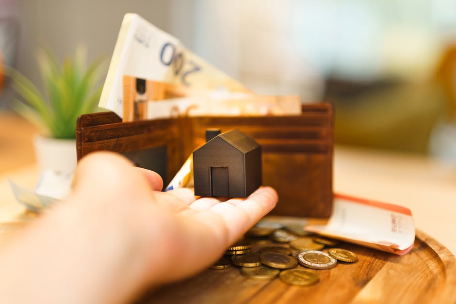 A close-up view of a small pink house-shaped plastic model being held by a person's hand, positioned above a cluttered surface containing financial documents, Euro banknotes, a calculator, and miniatu